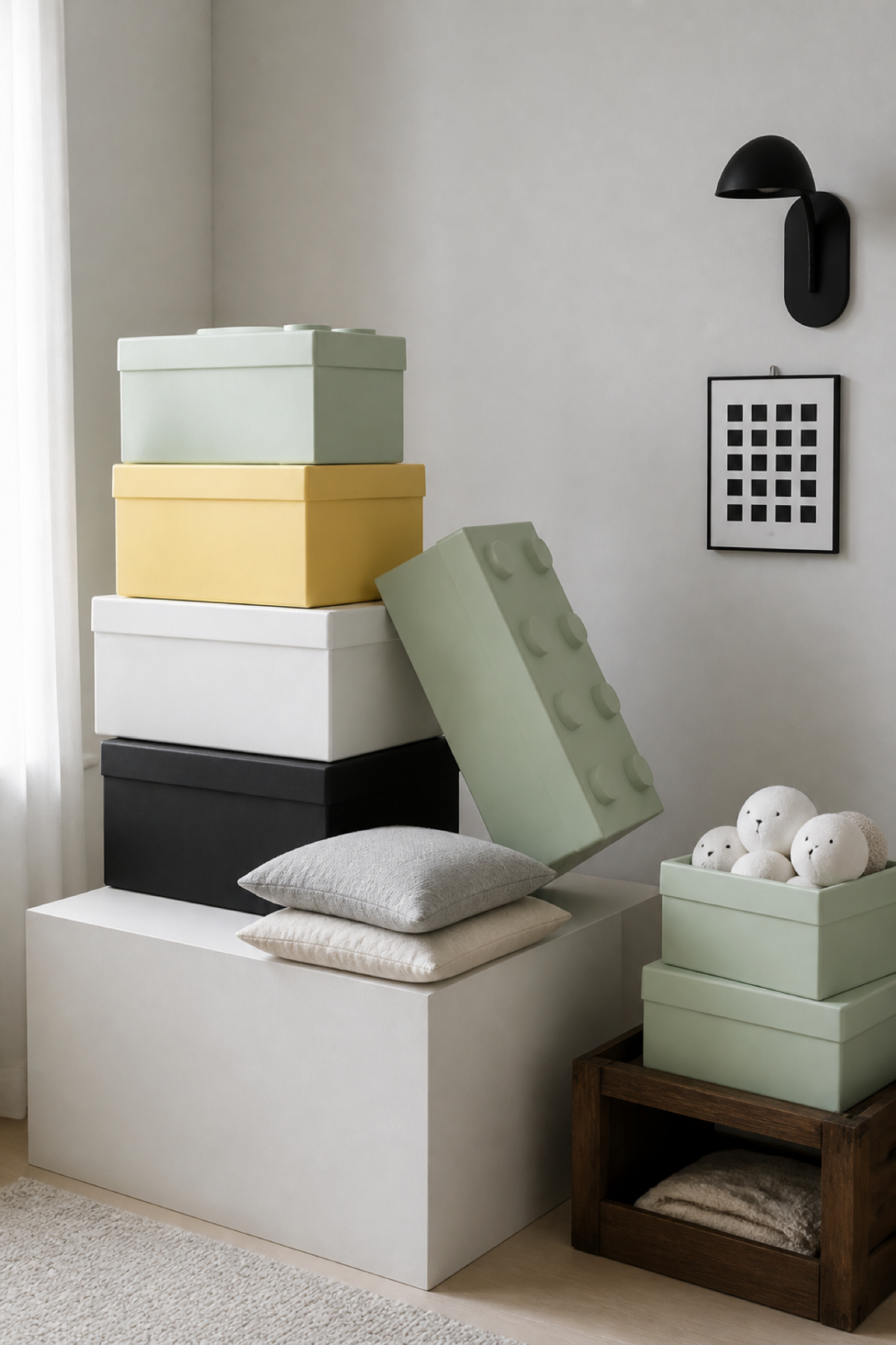 Boîtes de rangement empilées dans une palette noire, blanche, jaune et vert amande.