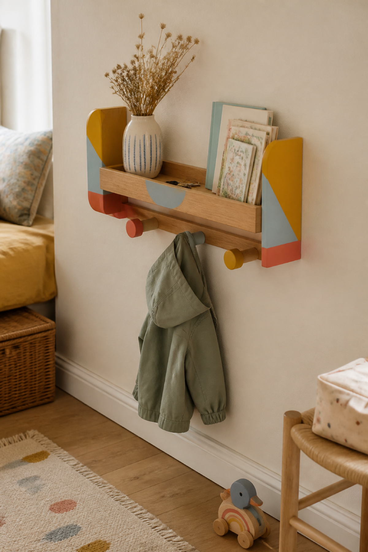 Étagère murale colorée avec patères, livres, vase, clés et veste d’enfant