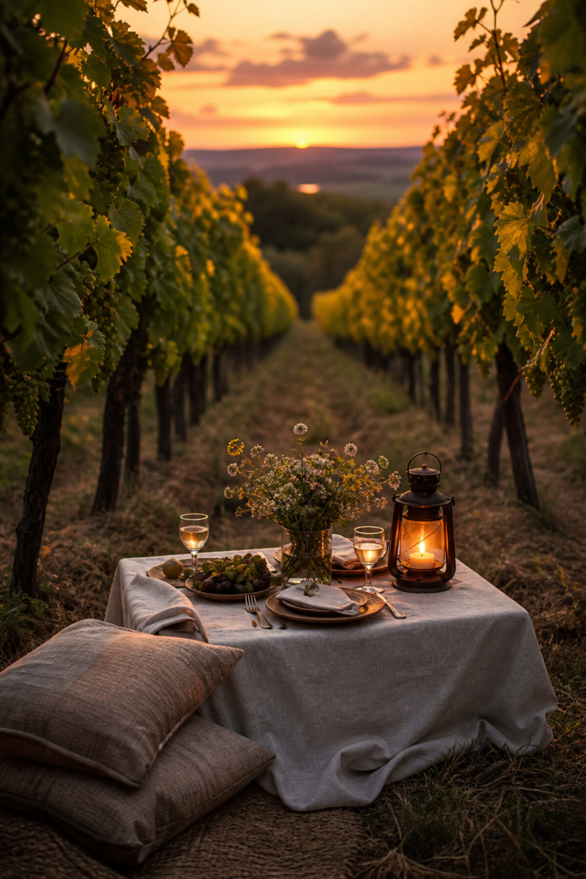 Pique-nique romantique installé entre les rangées d’une vigne au coucher du soleil