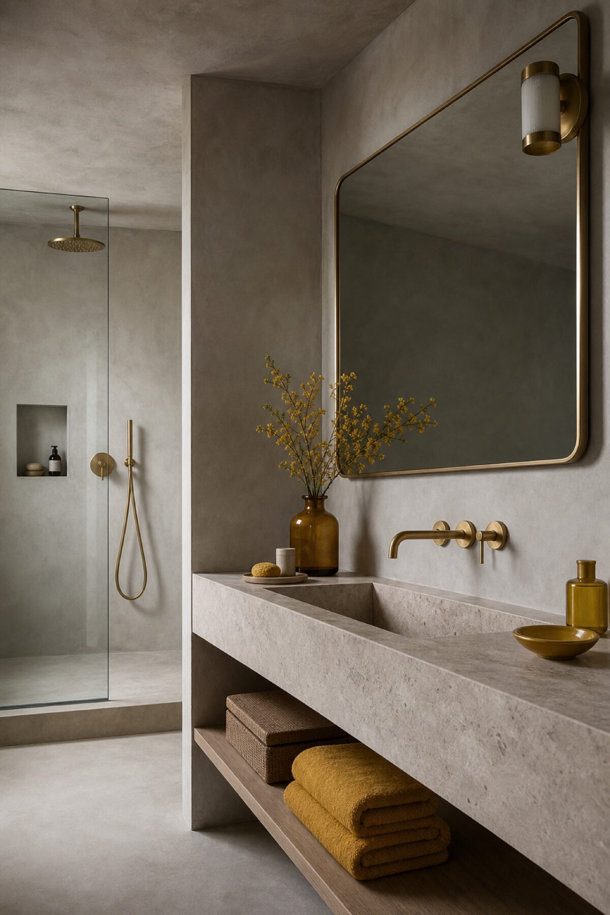 Salle de bains en béton ciré gris avec linge et accessoires jaune moutarde, miroir et robinetterie en laiton.