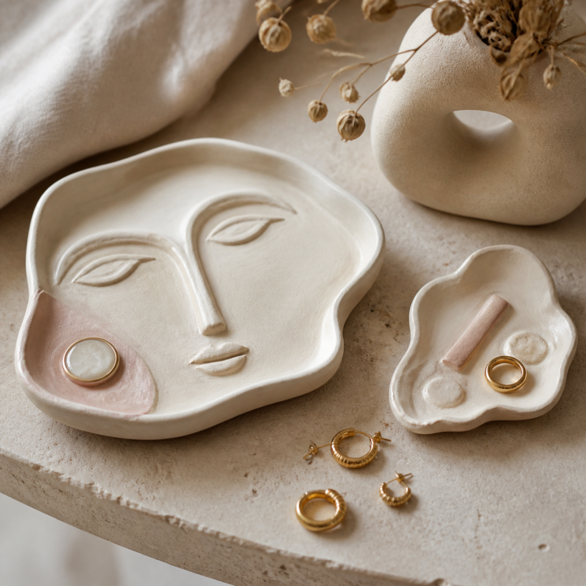Coupelles sculpturales en céramique et bijoux sur une console en pierre claire