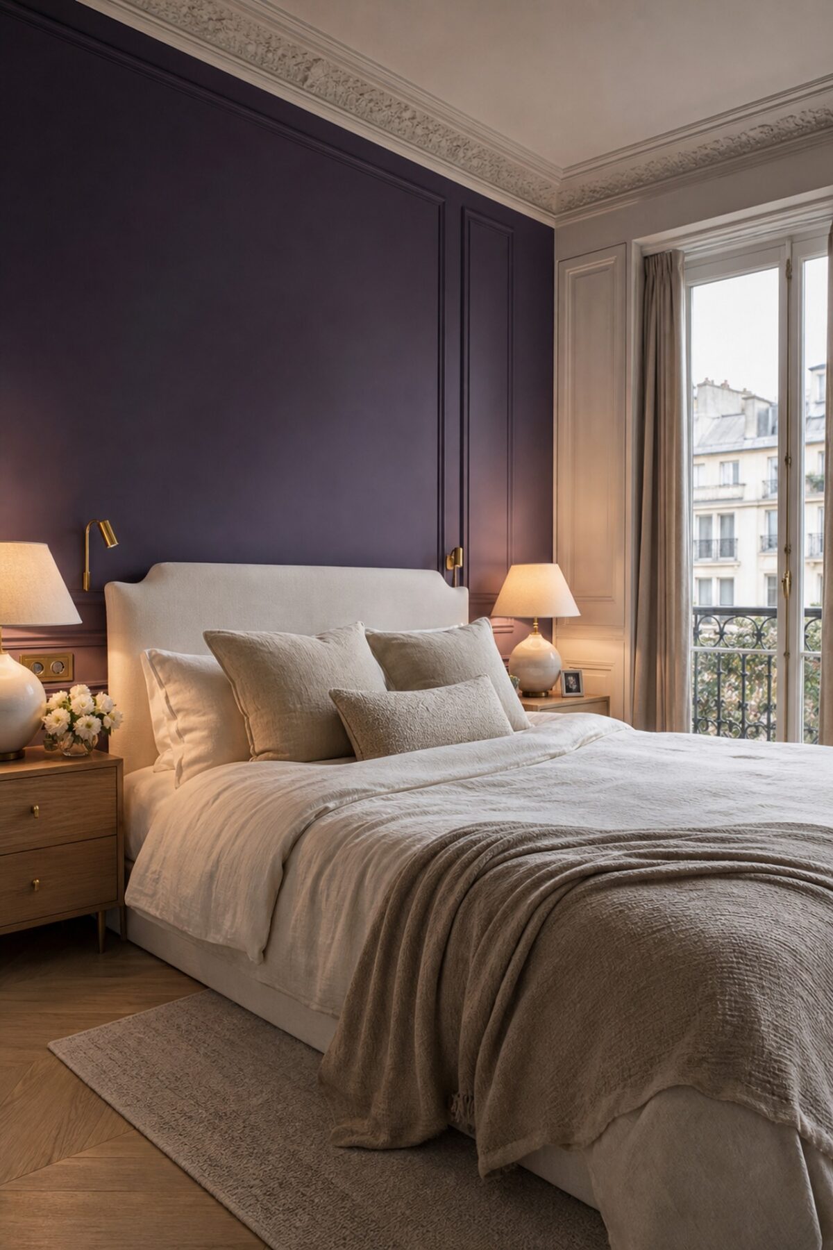 Chambre avec mur violet profond, linge de lit en lin et lumière chaude.