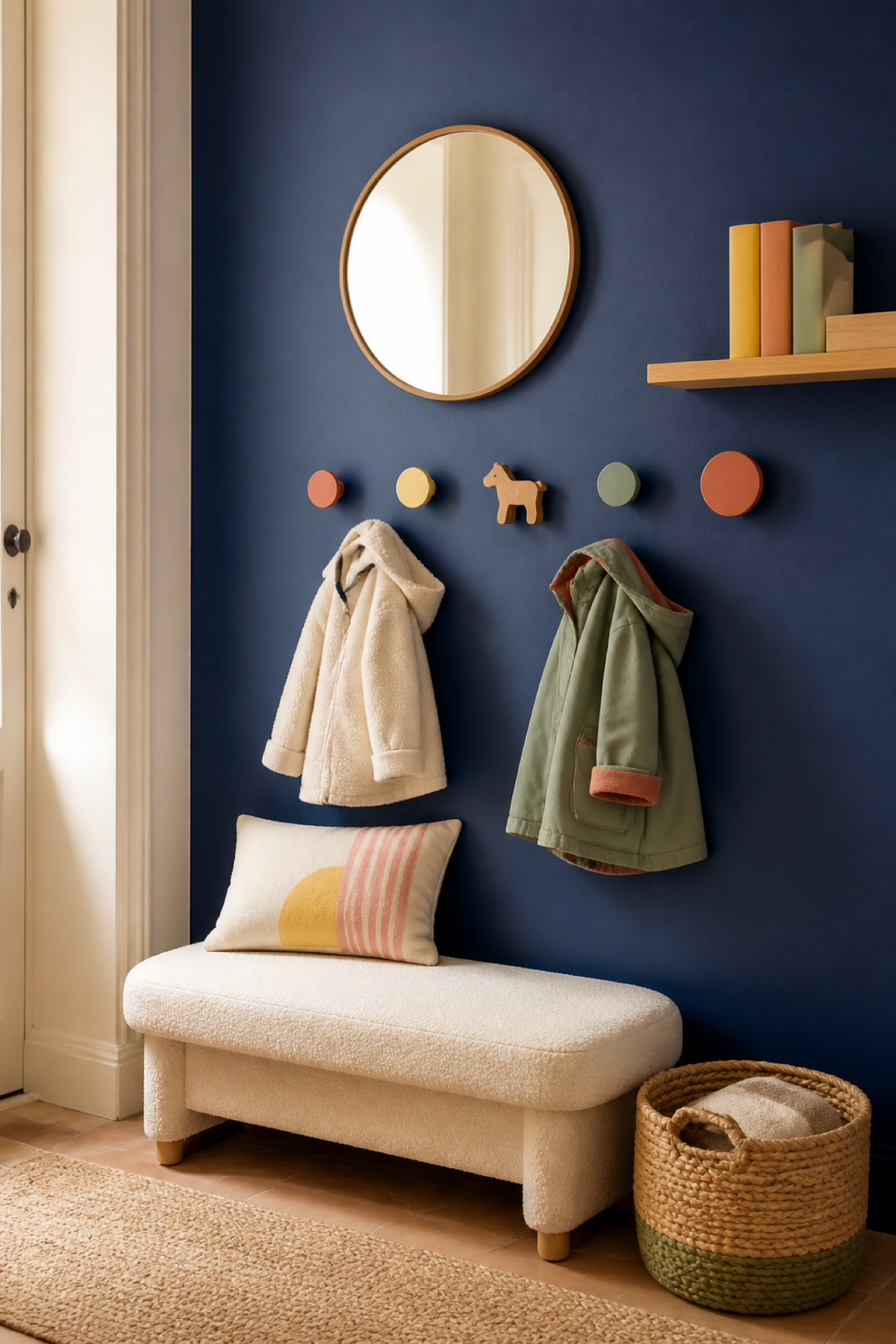 Coin rangement d’une chambre d’enfant avec patères colorées, miroir rond, étagère, banc et panier