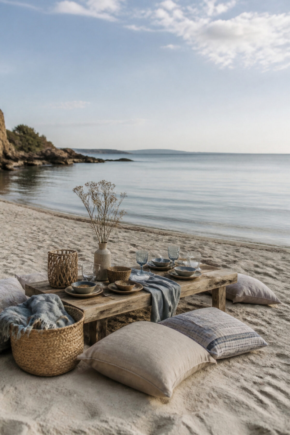 Pique-nique élégant installé sur le sable au bord de l’eau avec coussins en lin