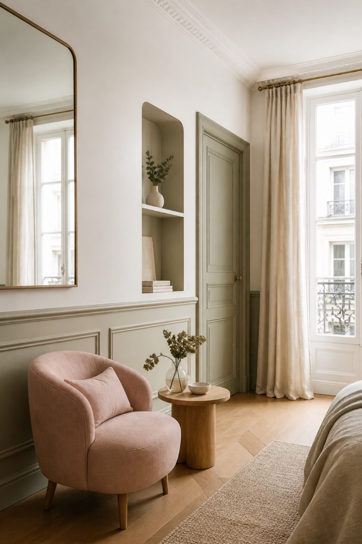 Petite pièce lumineuse avec soubassement vert kaki, mur clair, miroir et fauteuil rose poudré
