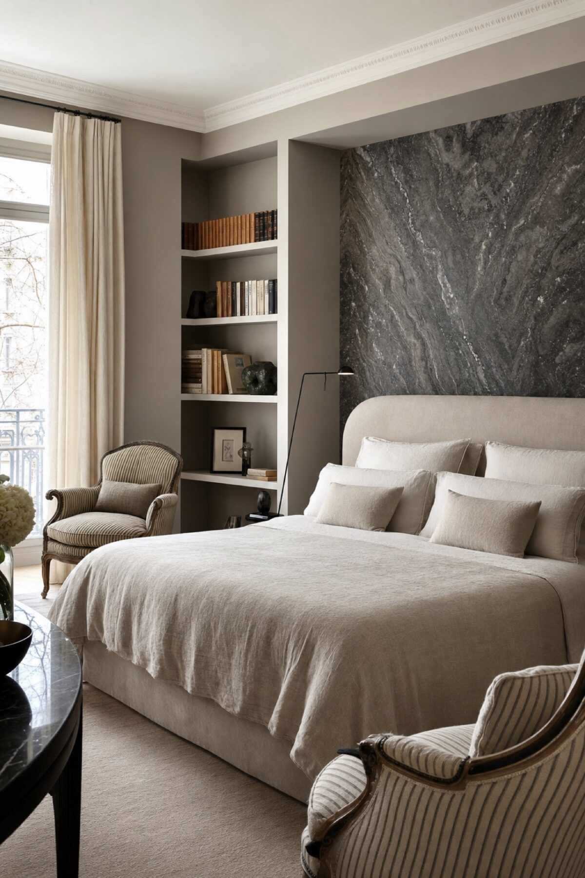 chambre avec lit habillé de lin naturel, mur minéral sombre, fauteuils rayés et bibliothèque