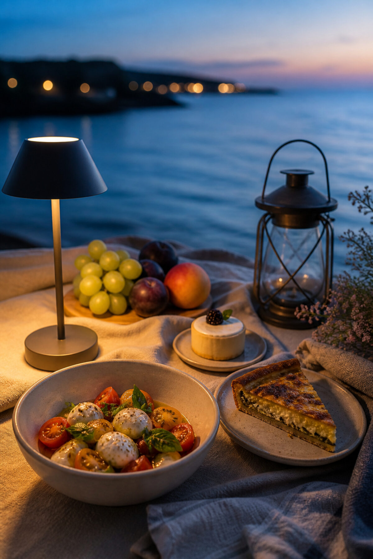 Dîner de pique-nique au bord de l’eau avec plats faciles à transporter et lanterne