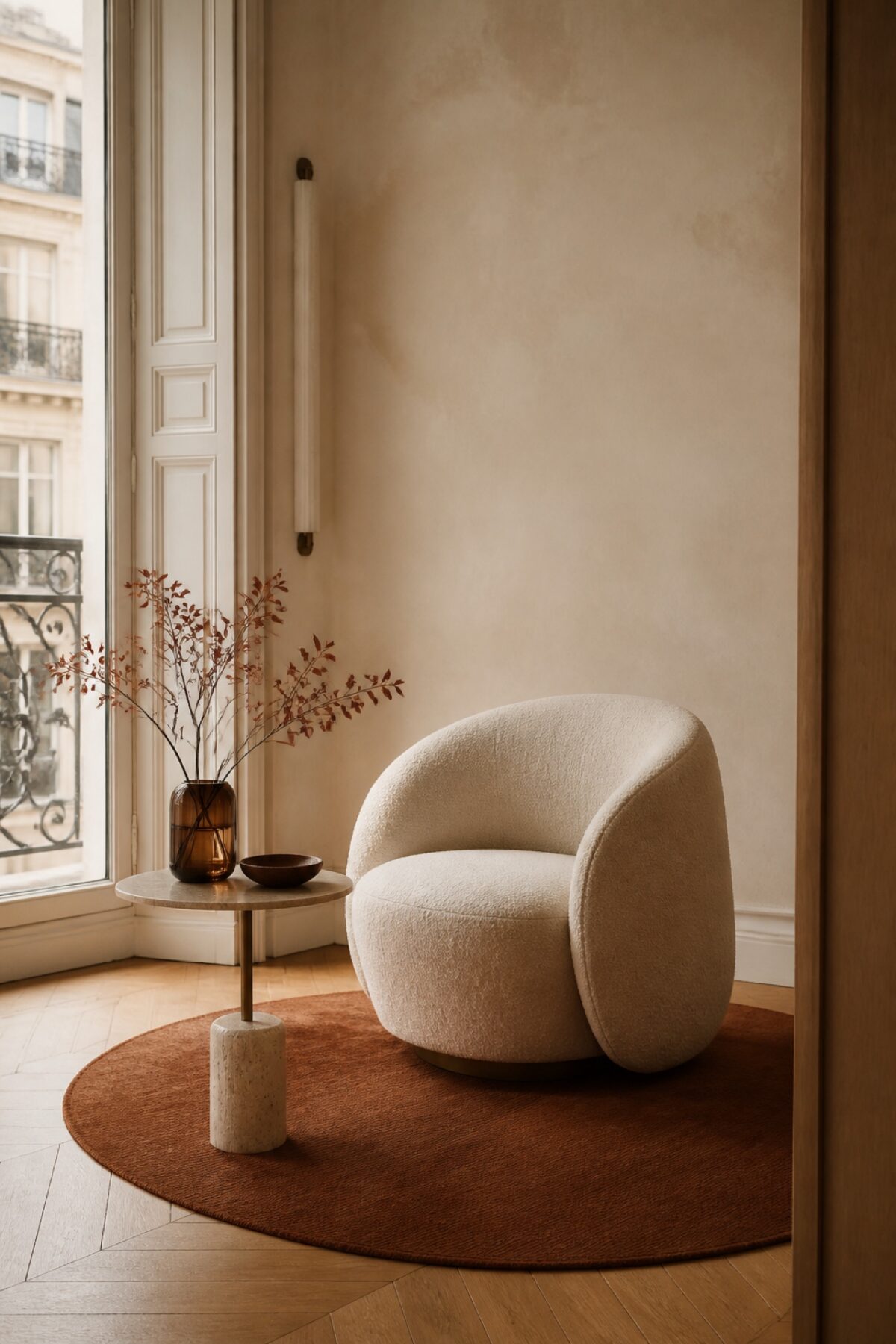 Tapis rond sous un fauteuil qui délimite un coin lecture dans un appartement parisien.