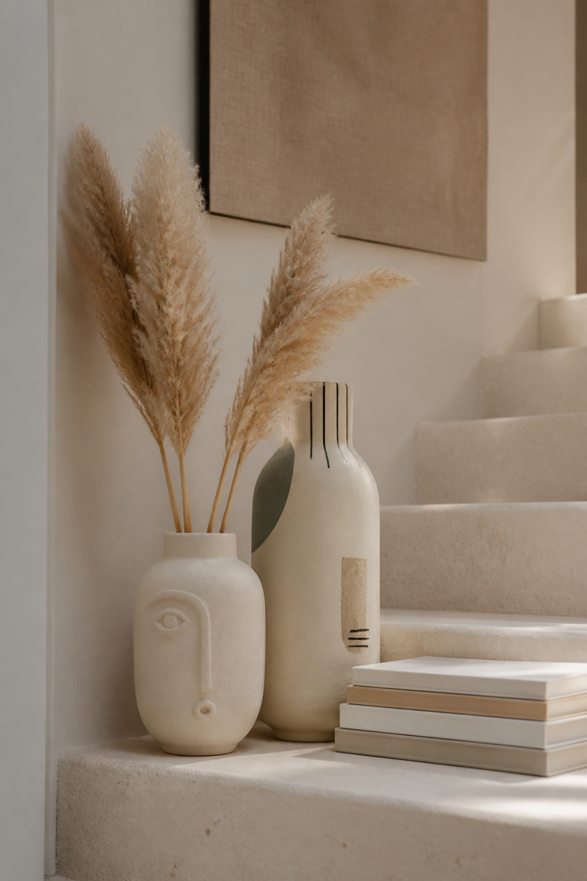 Vases en céramique et graminées séchées dans un intérieur aux tons naturels