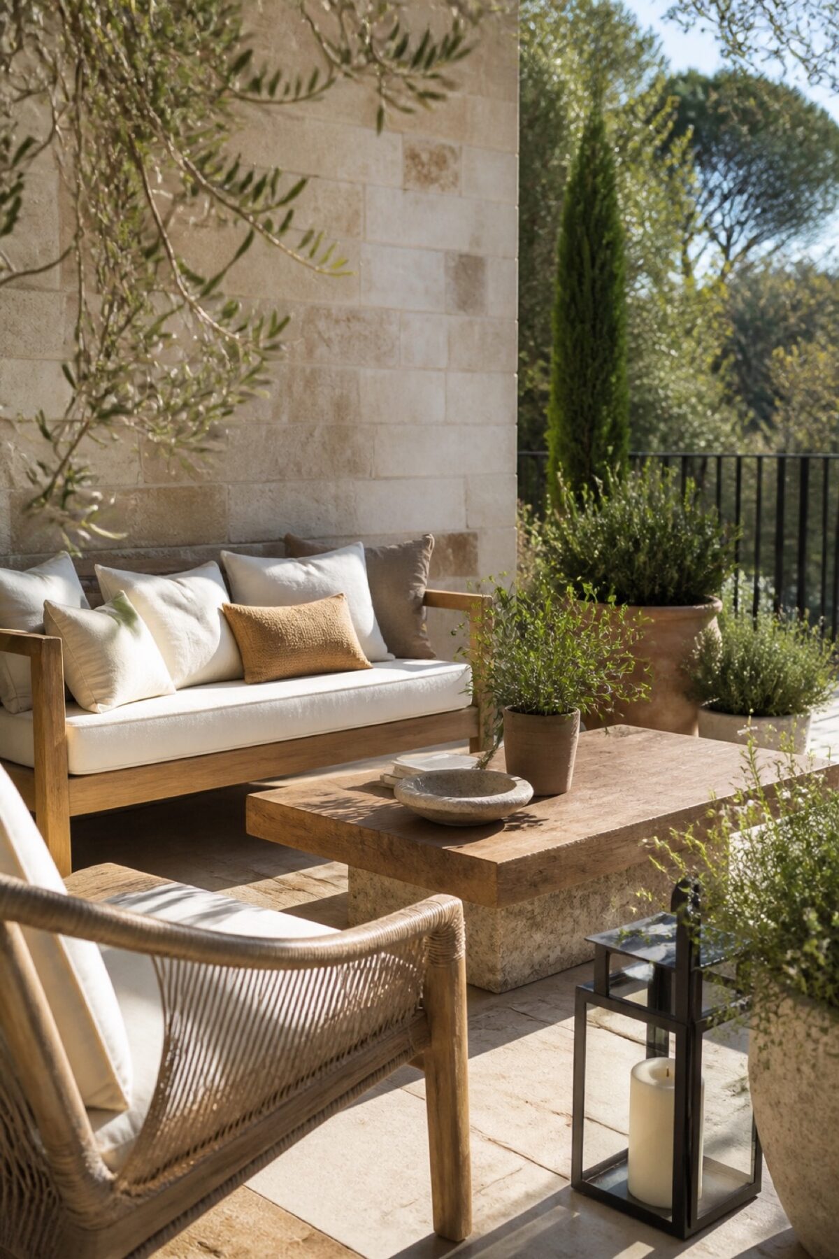 banquette en bois avec coussins et fauteuil tressé dans un salon extérieur
