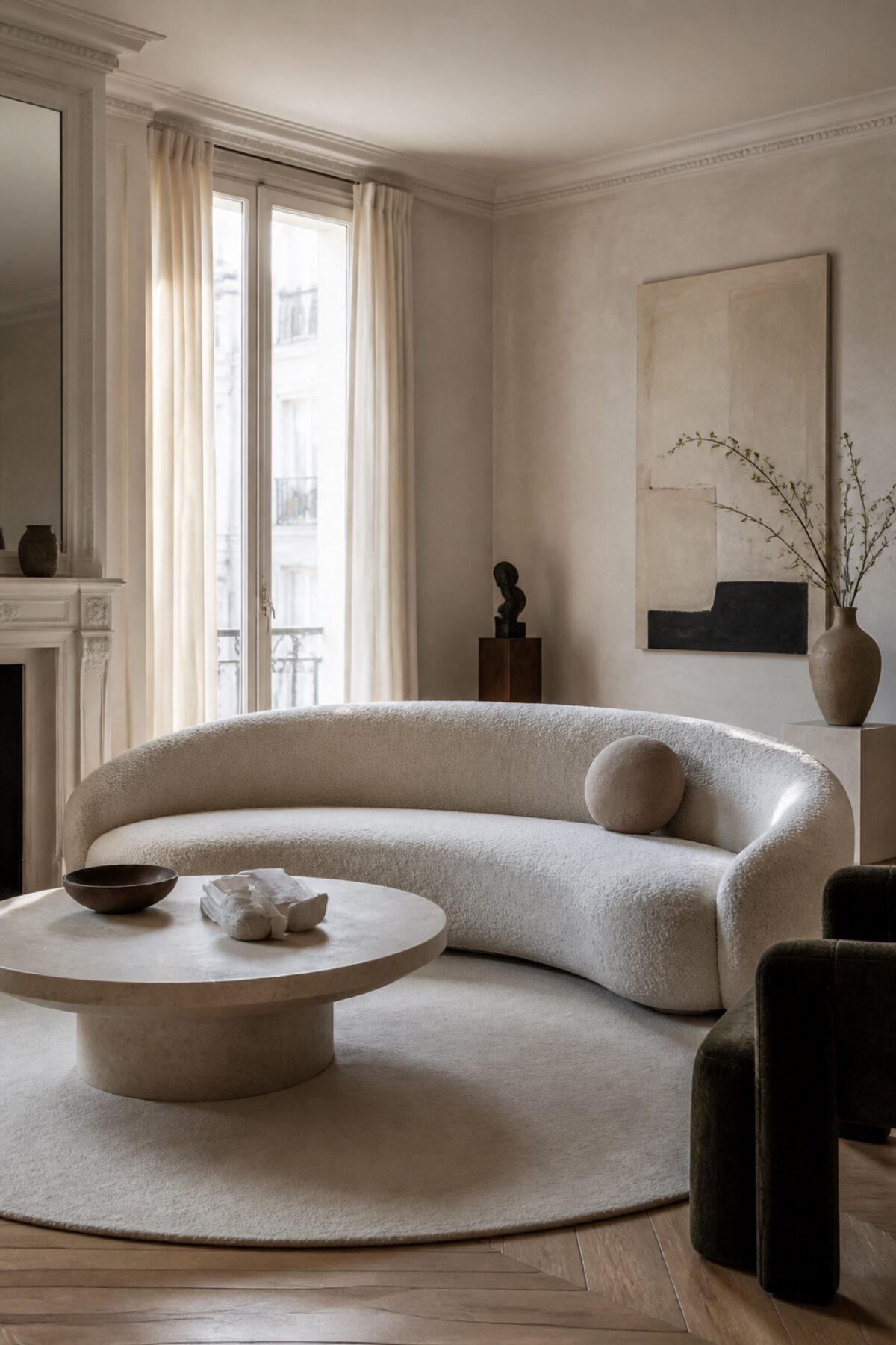 Tapis rond associé à un canapé courbe dans un salon contemporain.