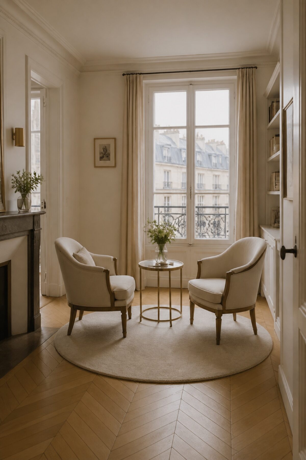 Petit tapis rond qui structure un salon parisien compact sans gêner la circulation.