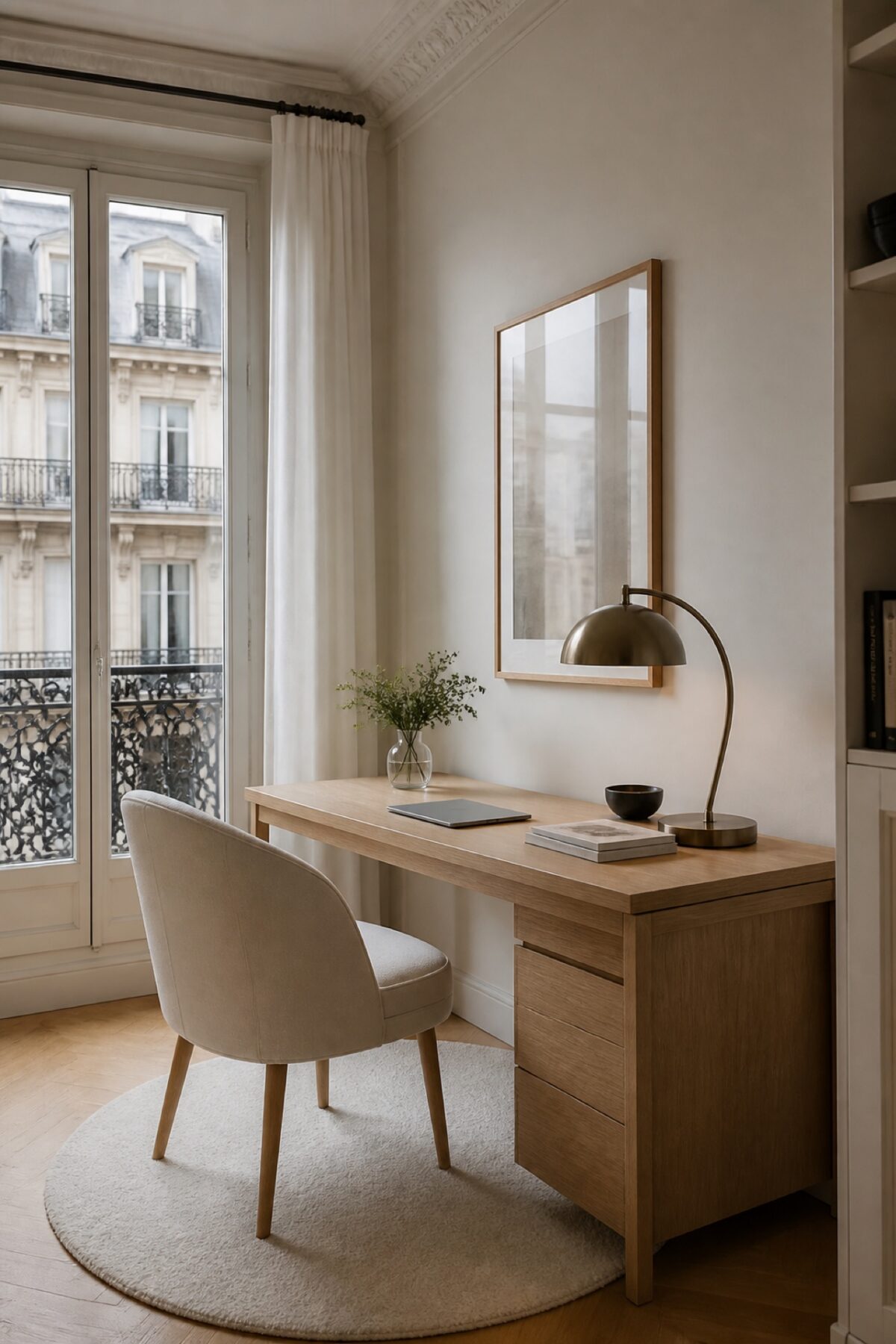Tapis rond sous un bureau compact dans un espace de travail à la maison.