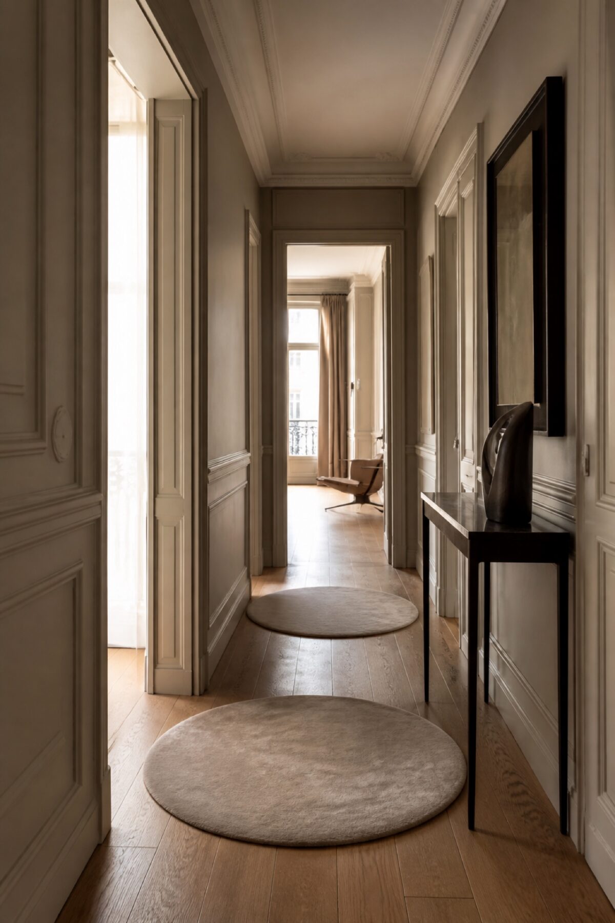 Deux tapis ronds qui rythment le couloir d’un appartement parisien.