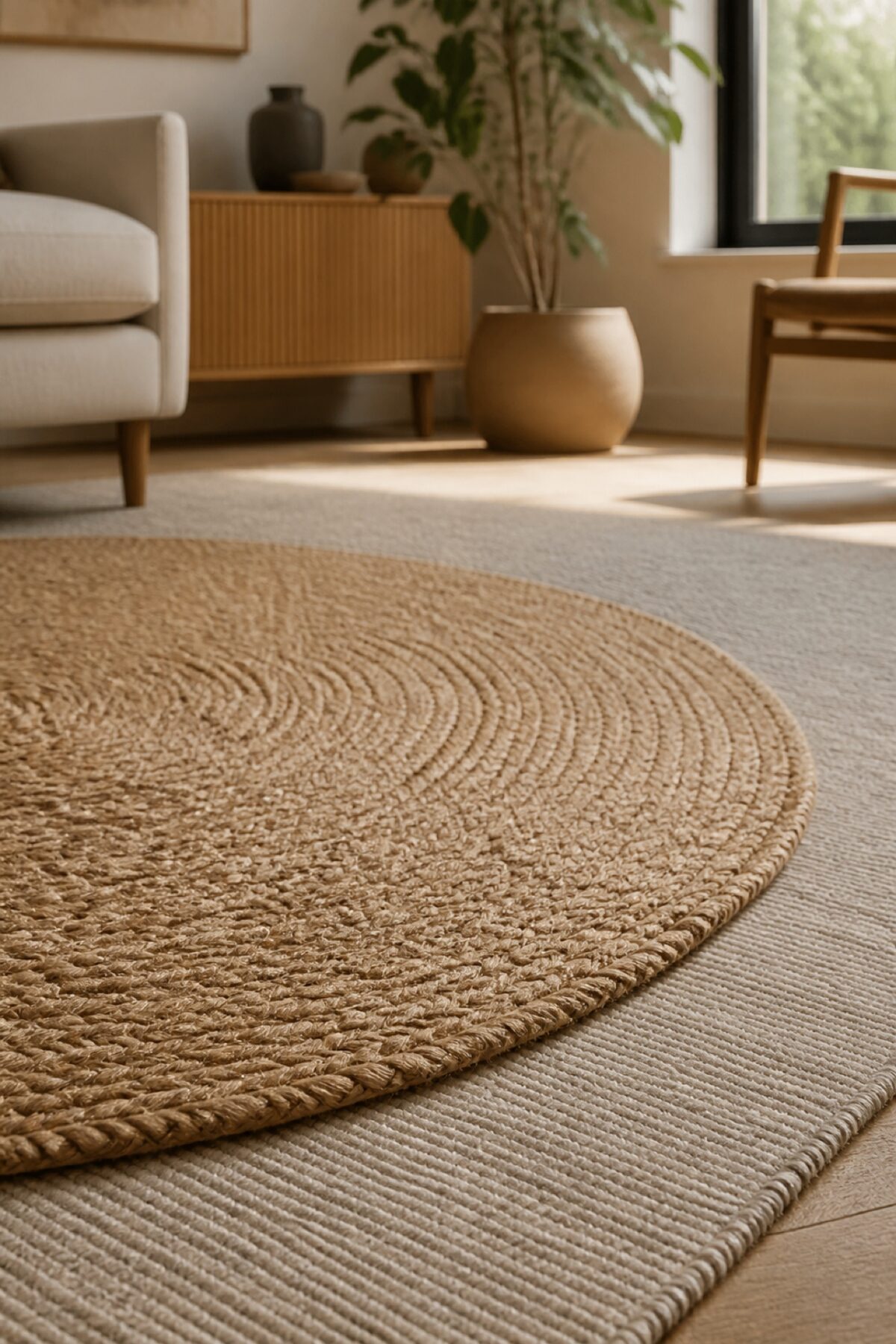 Tapis rond tressé posé sur un grand tapis rectangulaire dans un salon.