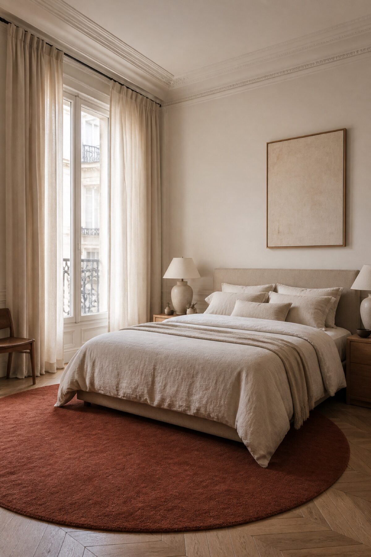 Tapis rond terracotta installé sous un lit dans une chambre lumineuse.
