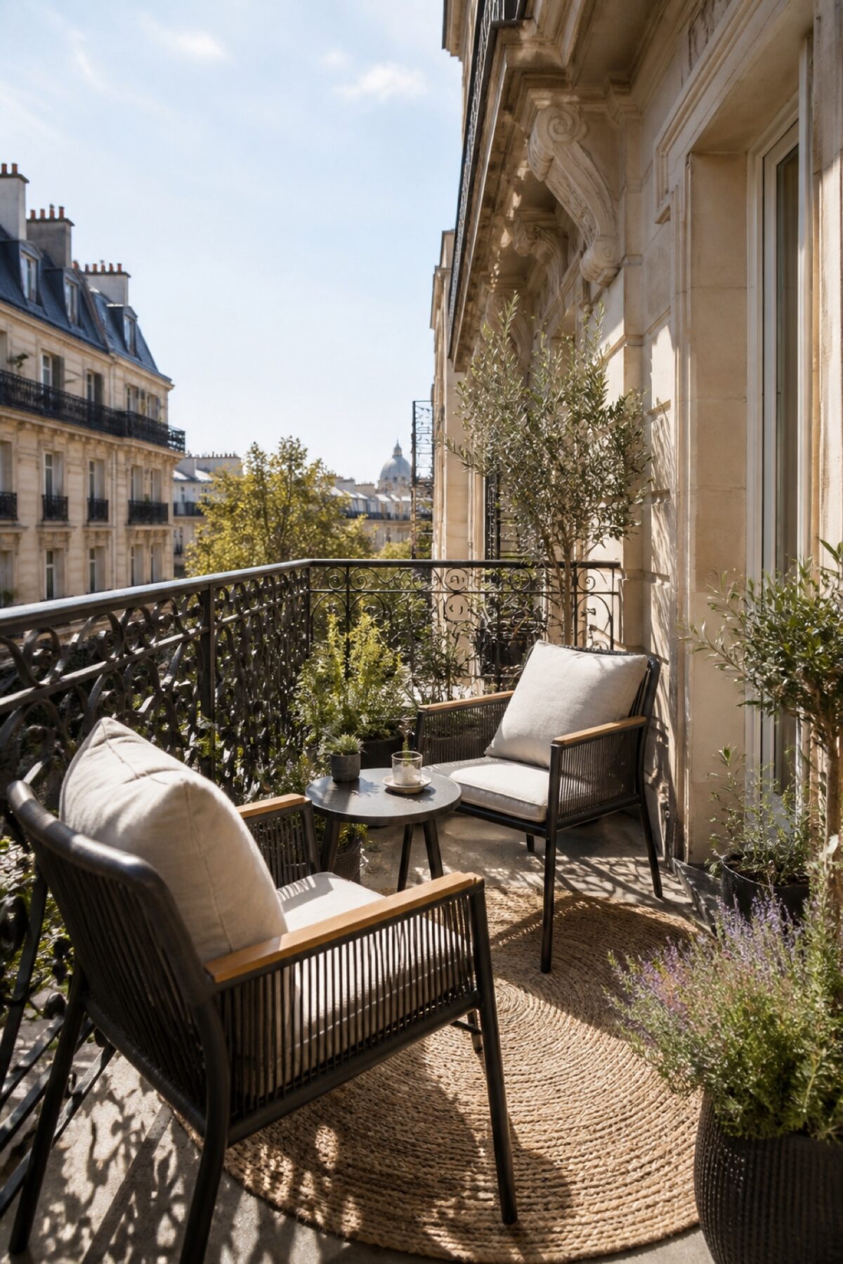 Tapis rond extérieur sur un balcon parisien aménagé avec deux fauteuils.