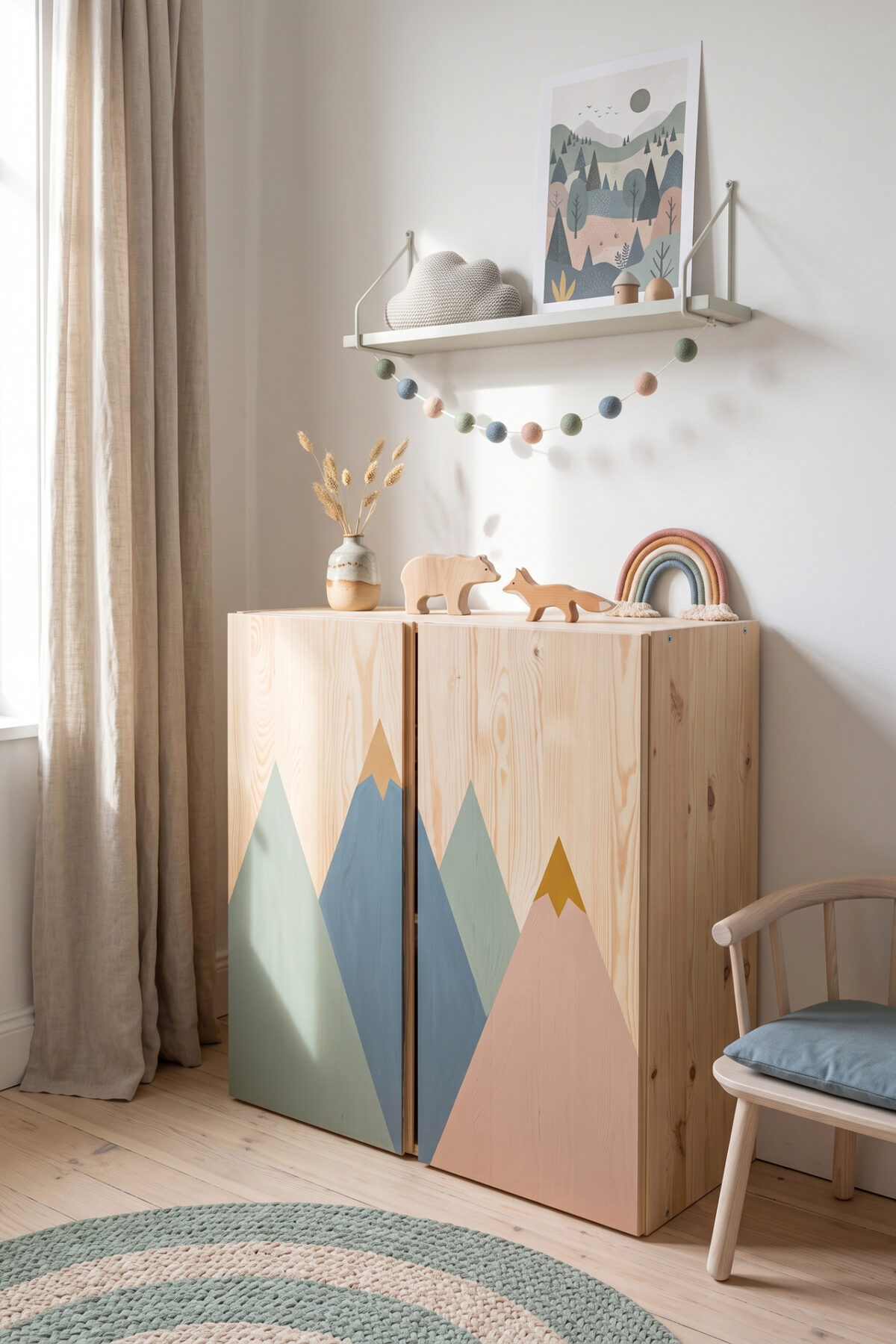 Armoire IKEA en bois customisée avec motifs montagne pastel