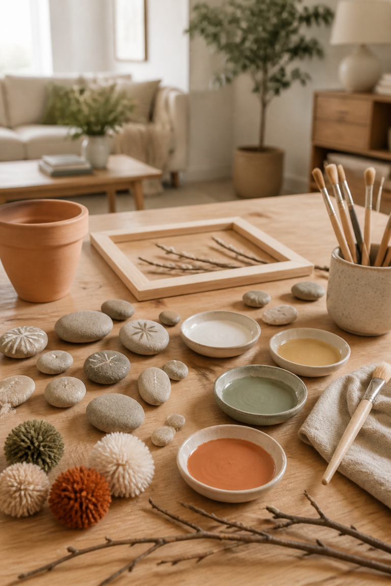 Matériel pour une activité créative en famille avec des galets peints, des pompons, des pinceaux et des pots de peinture