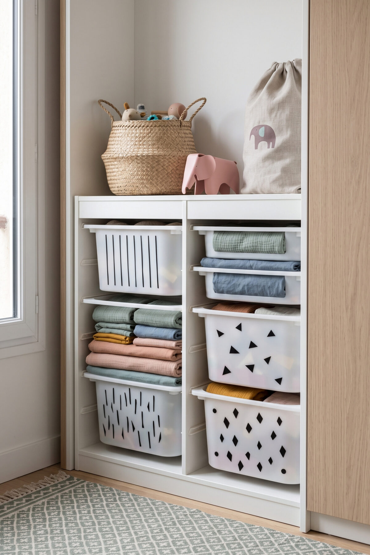Bacs de rangement IKEA décorés de motifs géométriques noirs