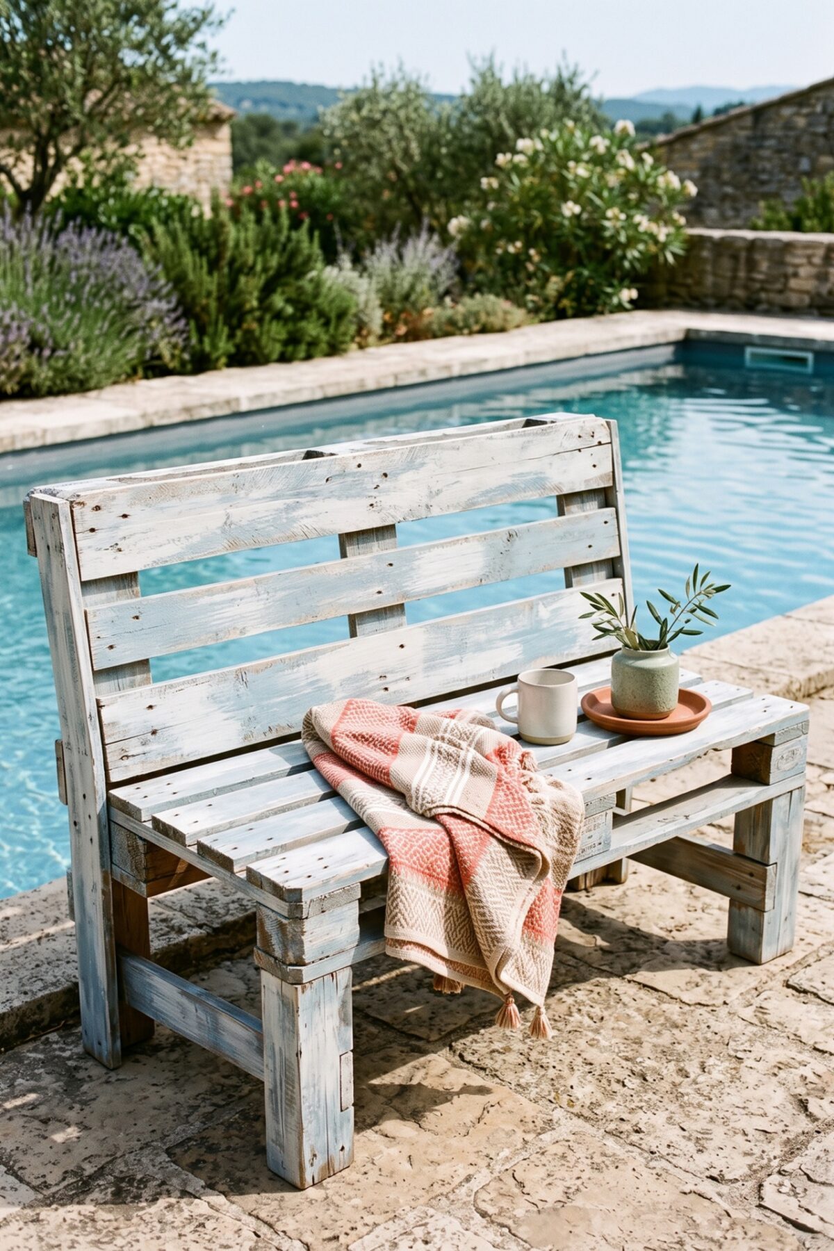 banc extérieur en palettes peintes près d'une piscine