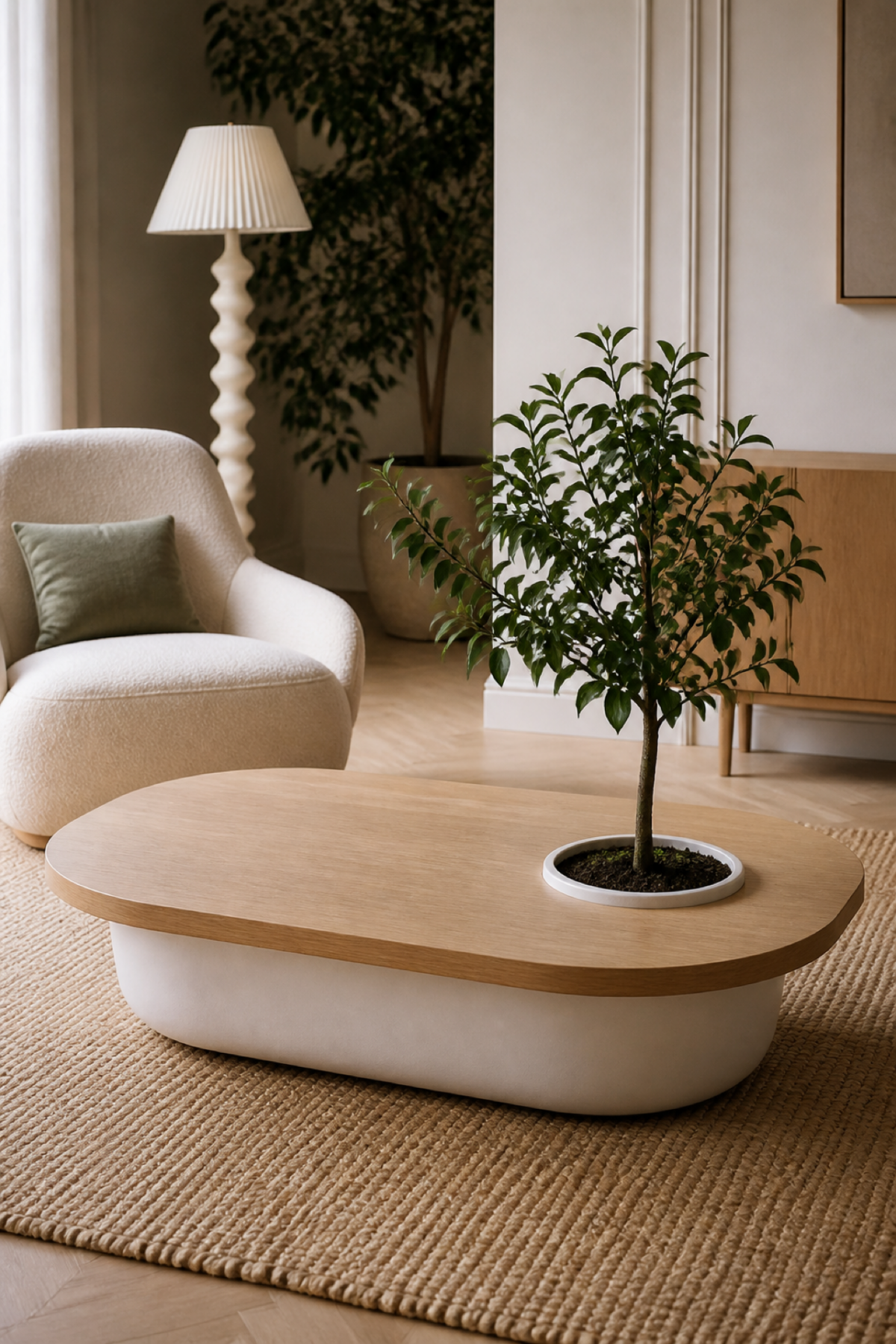 Table basse Bellila avec jardinière intégrée et petit agrume dans un coin lecture contemporain