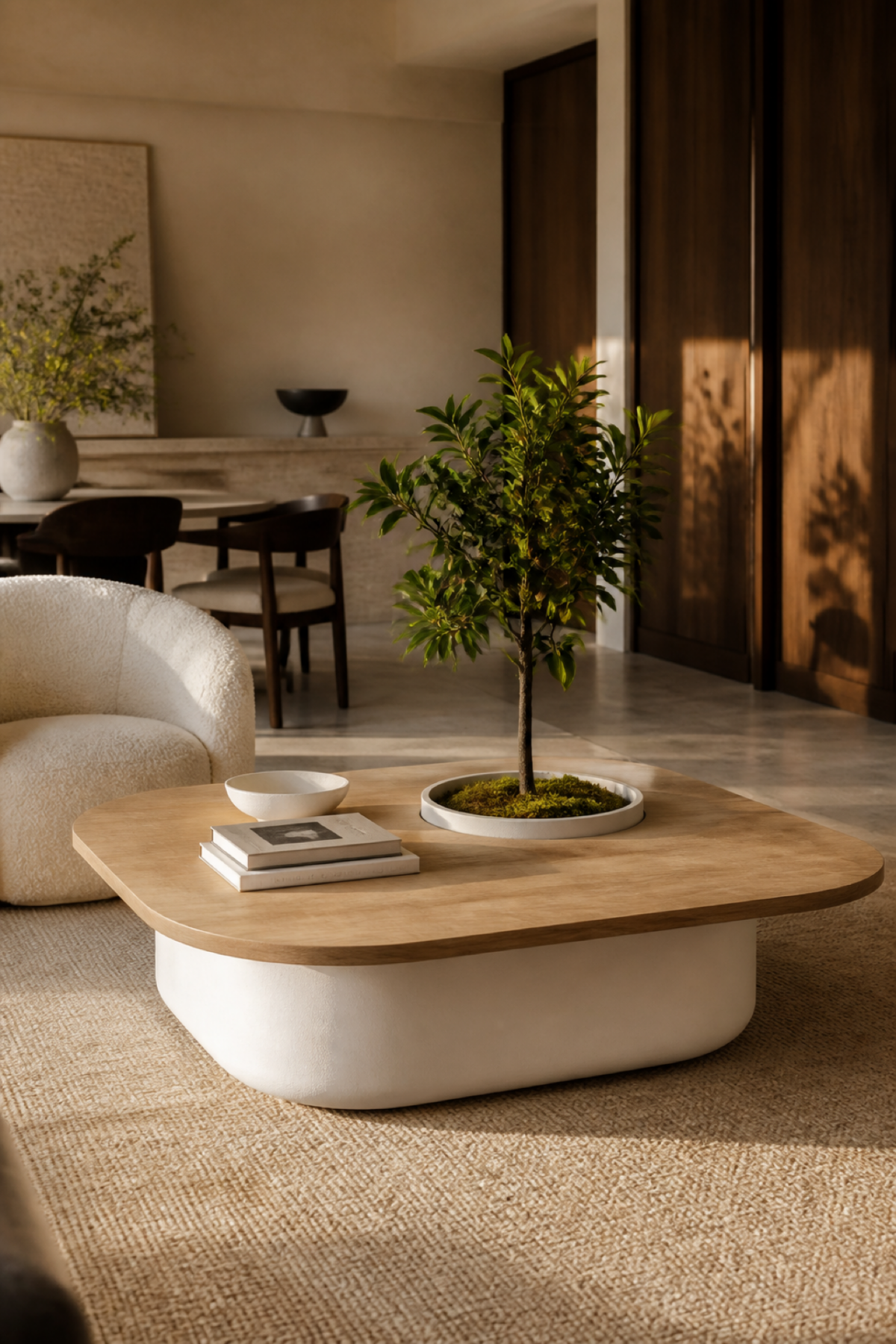Table basse Bellila avec plateau en chêne clair, base blanche arrondie et plante intégrée dans un salon chaleureux