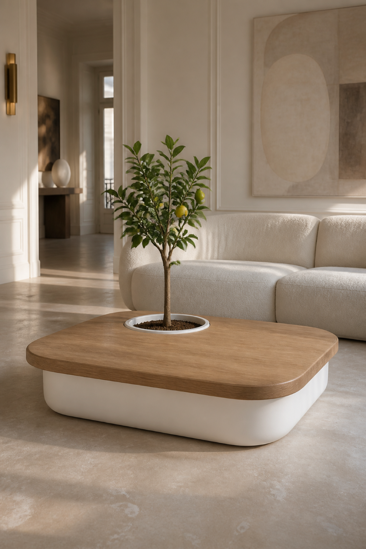 Table basse Bellila en chêne clair avec jardinière intégrée accueillant un petit agrume dans un salon parisien lumineux