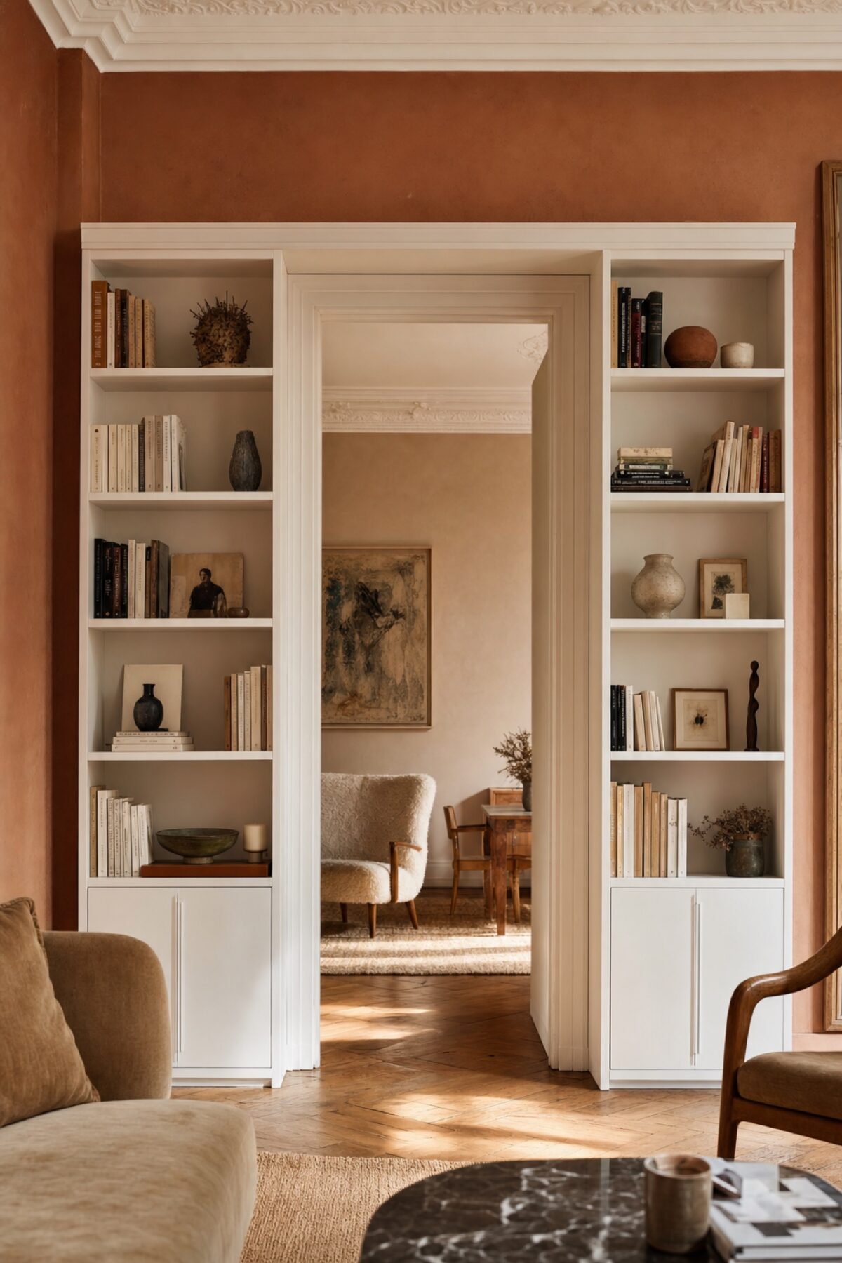 Deux bibliothèques inspirées de BILLY encadrent une porte dans un salon aux murs terracotta avec moulures blanches