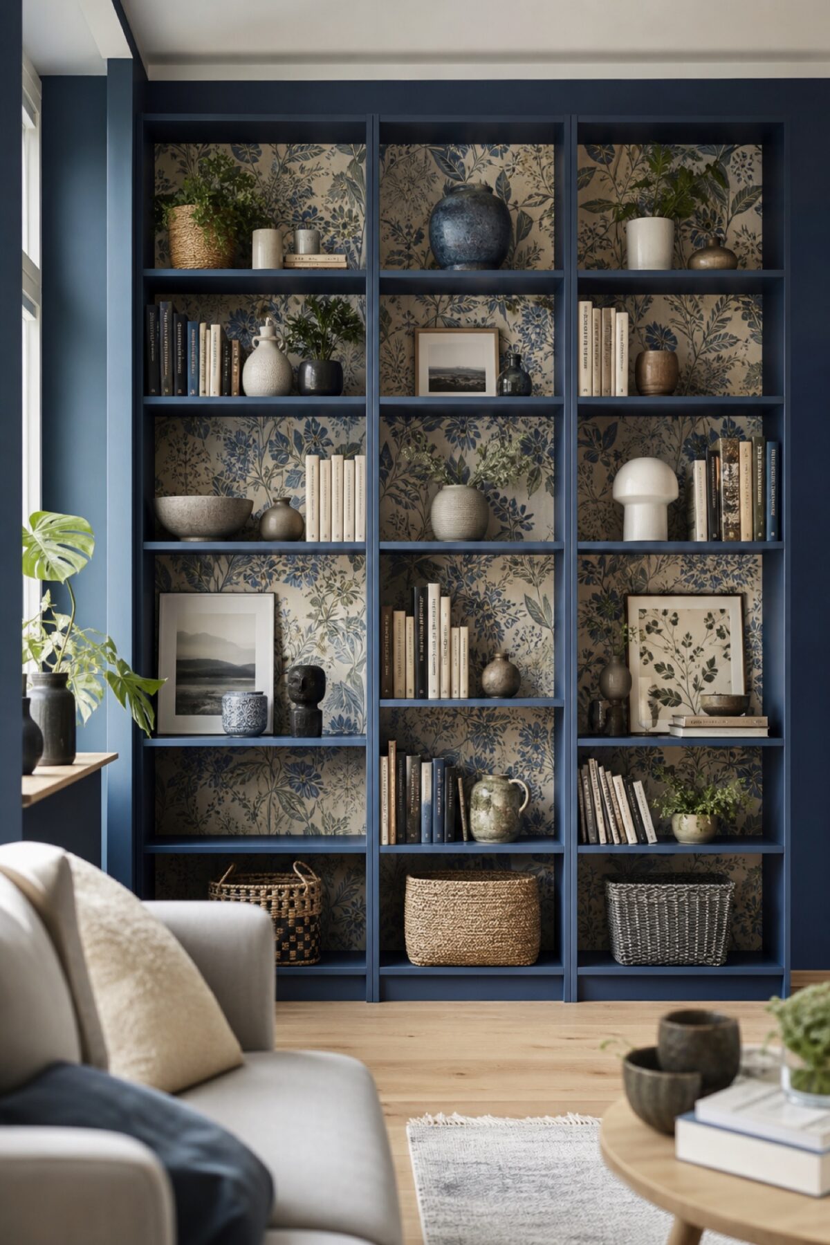Composition de bibliothèques inspirées de BILLY peintes en bleu profond avec un papier peint botanique au fond des niches