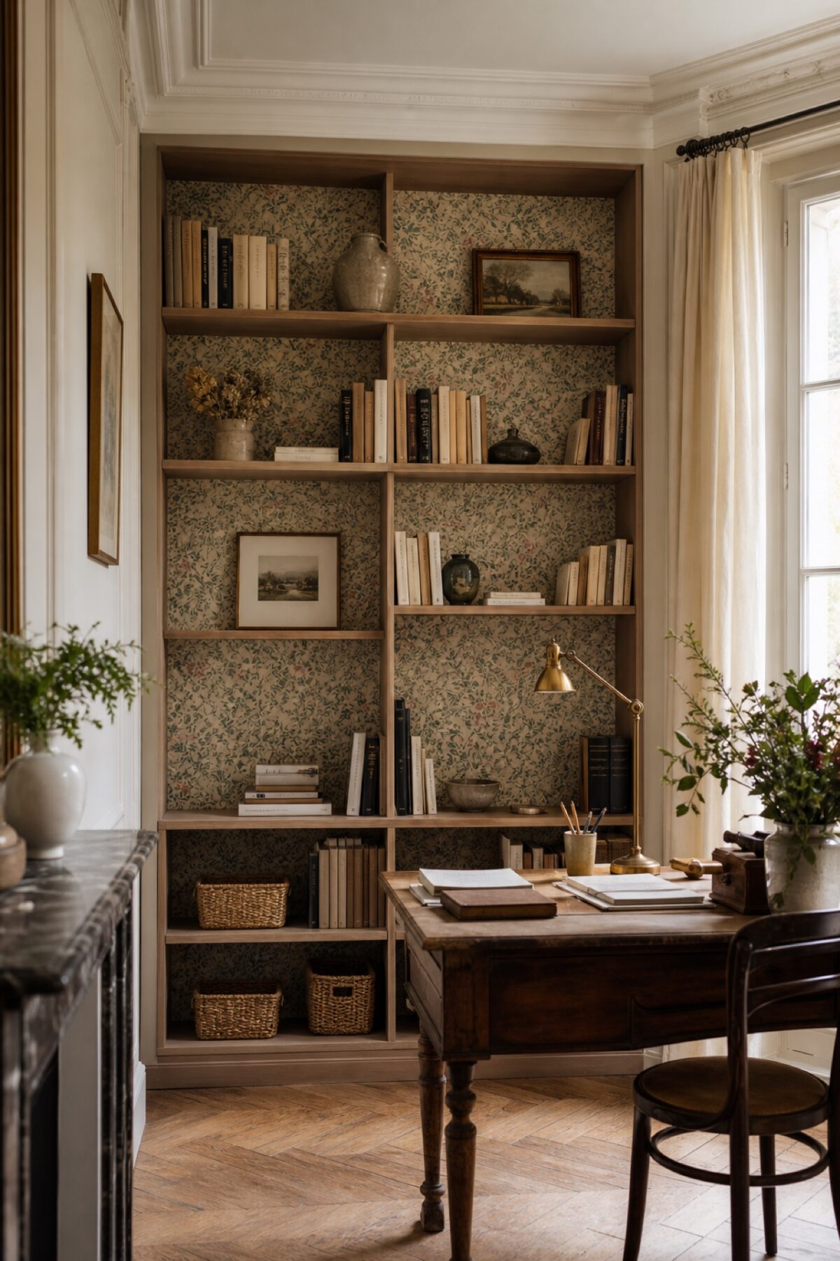 Bibliothèque inspirée de BILLY avec un fond en papier peint botanique dans un bureau