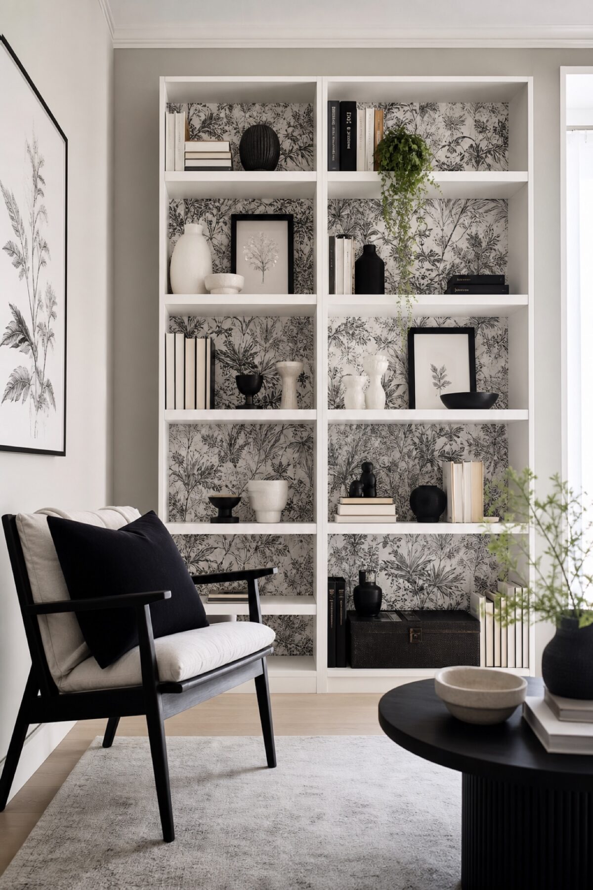 Bibliothèque inspirée de BILLY avec papier peint botanique noir et blanc au fond des niches, livres et objets graphiques