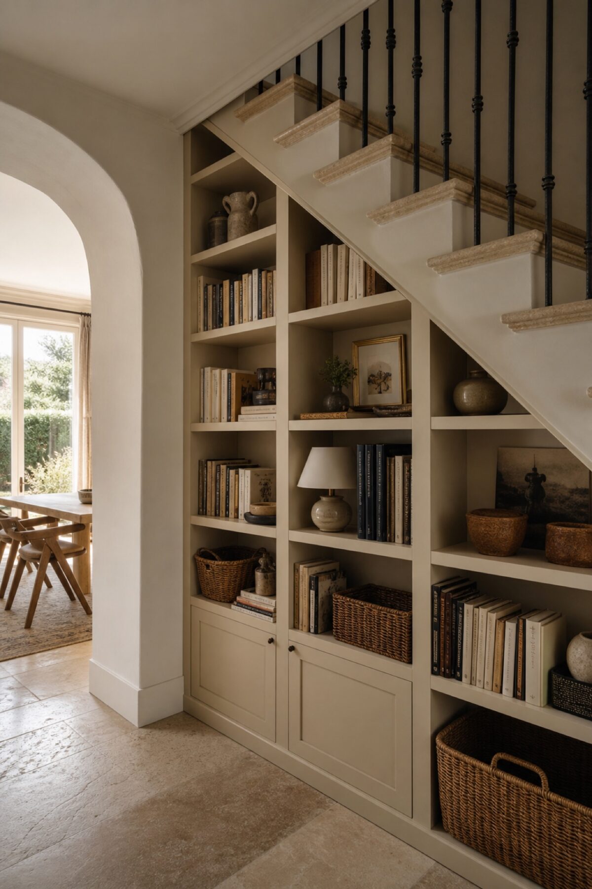 Bibliothèque inspirée de BILLY aménagée sous un escalier avec paniers, livres et rangements bas fermés