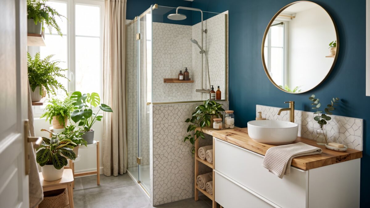 Blog déco salle de bain mur bleu carrelage géométrique meuble IKEA hack