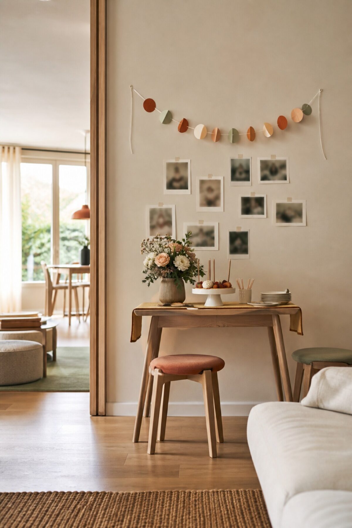 Coin anniversaire décoré dans un salon avec guirlande en papier et table fleurie