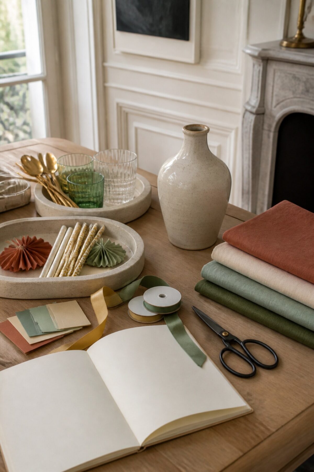 Carnet vierge et accessoires de décoration d’anniversaire triés sur une table