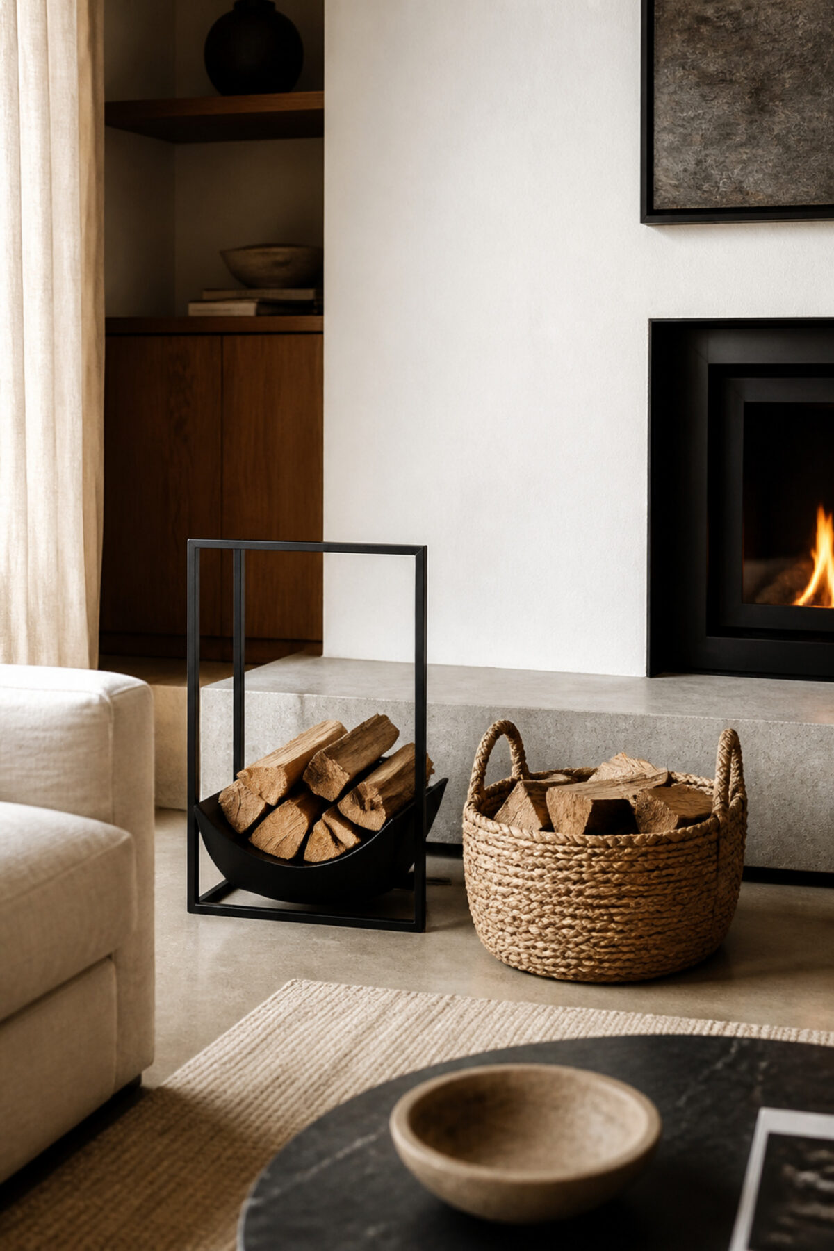 Comparaison d’un range-bûches en métal et d’un panier en fibres naturelles