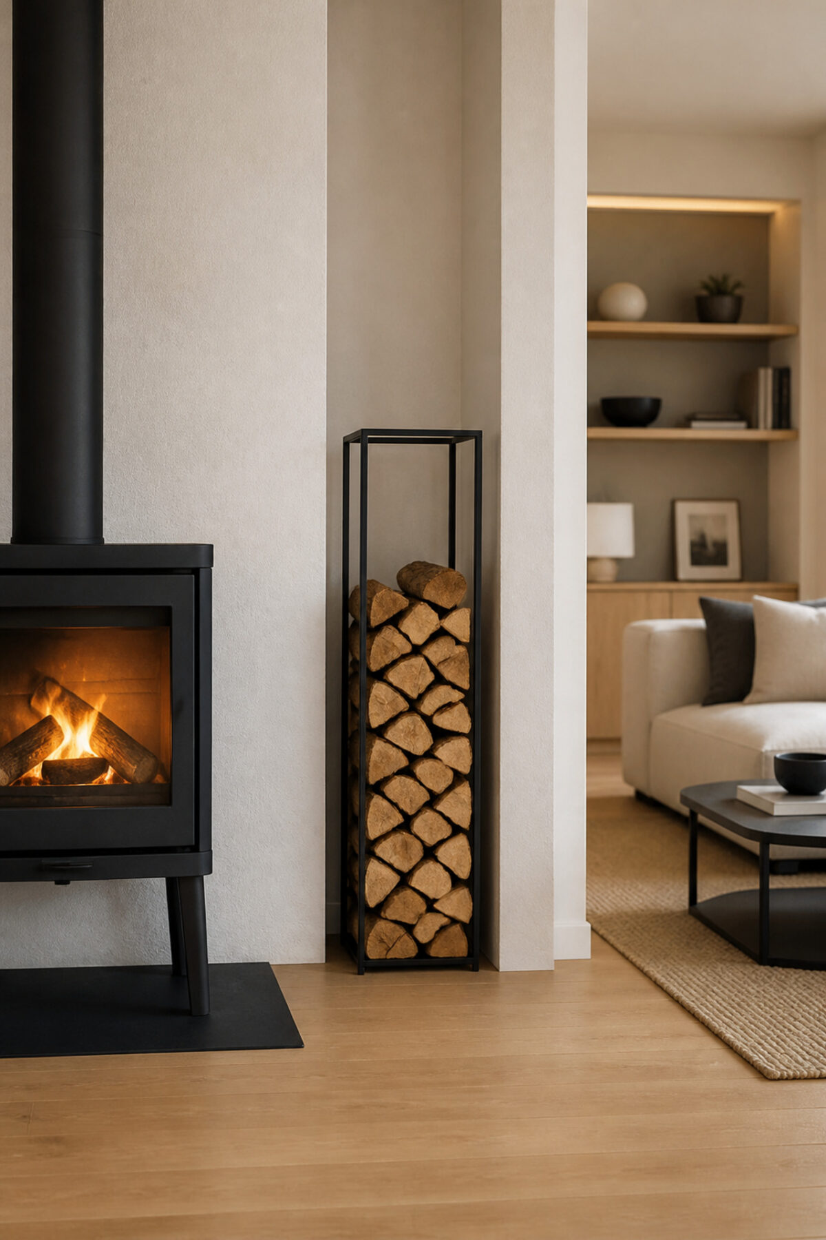 Range-bûches vertical compact dans un salon contemporain