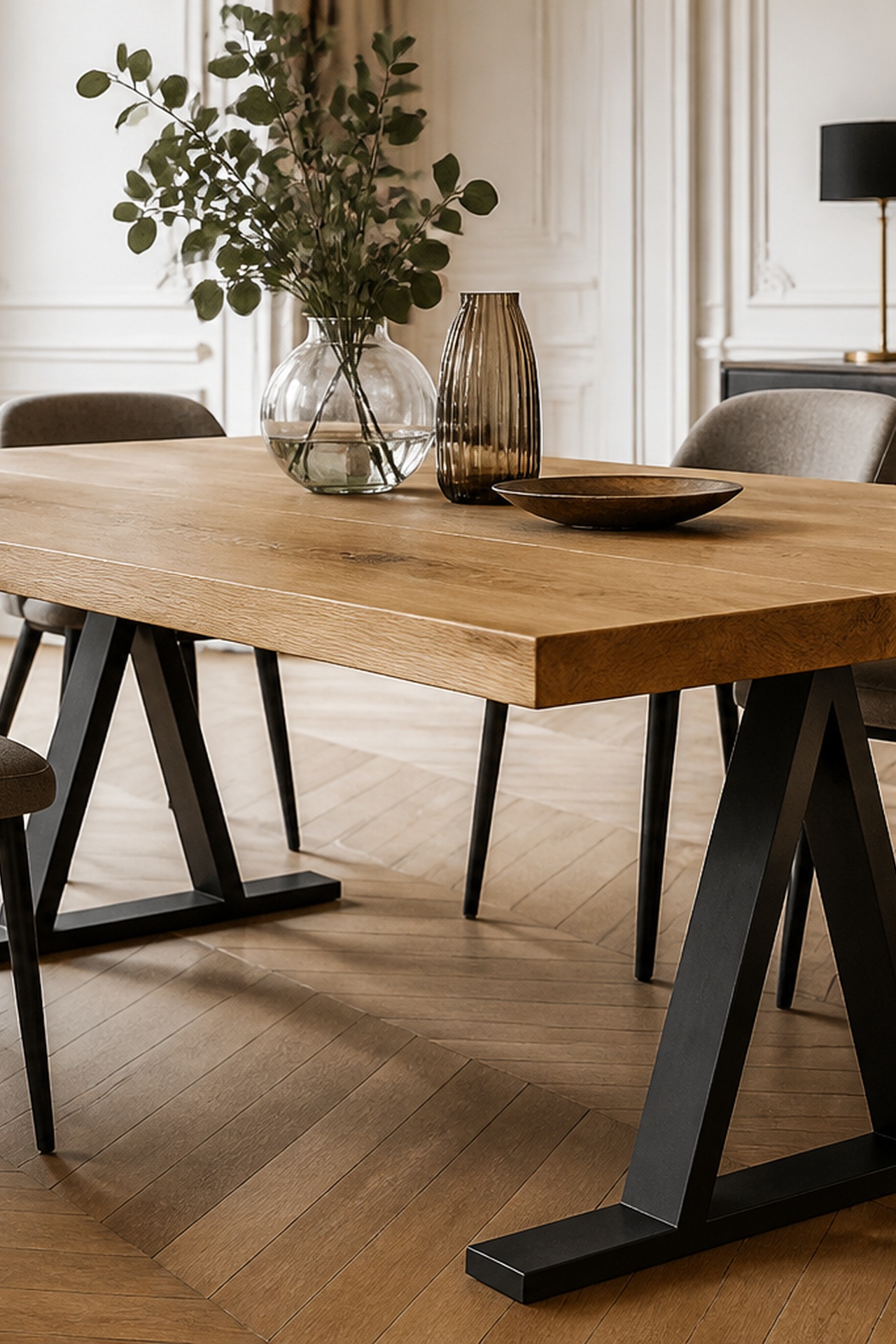 Table à tréteaux sur mesure avec plateau en bois et pieds noirs dans une salle à manger contemporaine