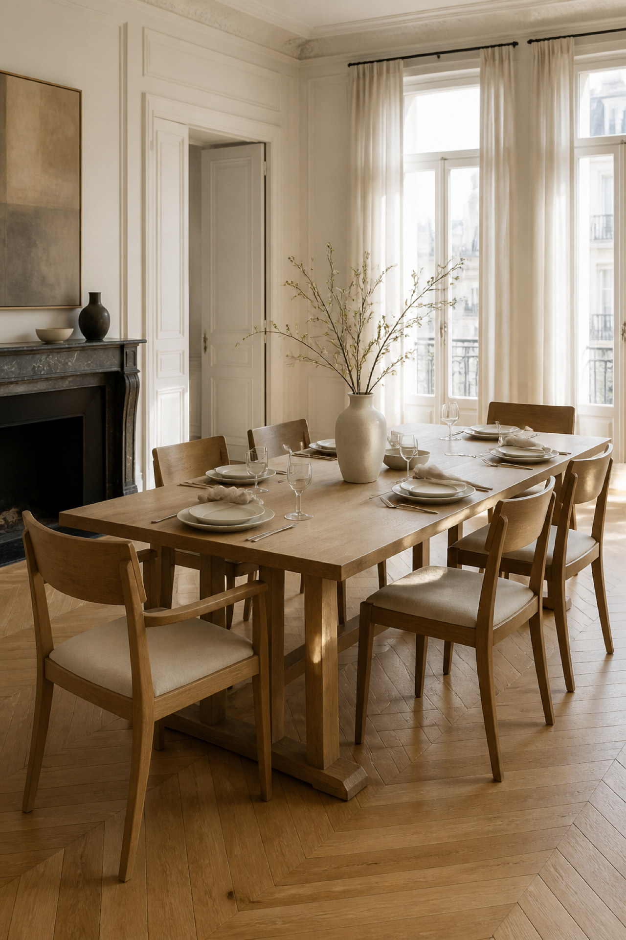 Table à tréteaux pour six personnes avec une circulation confortable autour des chaises