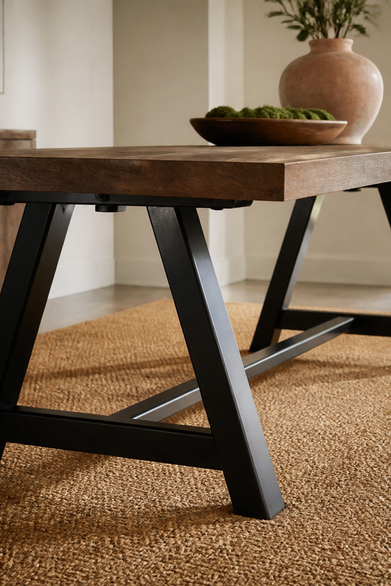 Dessous d’une table à tréteaux montrant un plateau en bois fixé sur des pieds métalliques stables