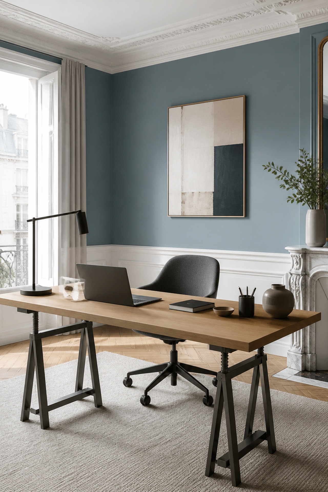 Bureau composé d’un plateau en bois posé sur des tréteaux réglables dans un intérieur parisien