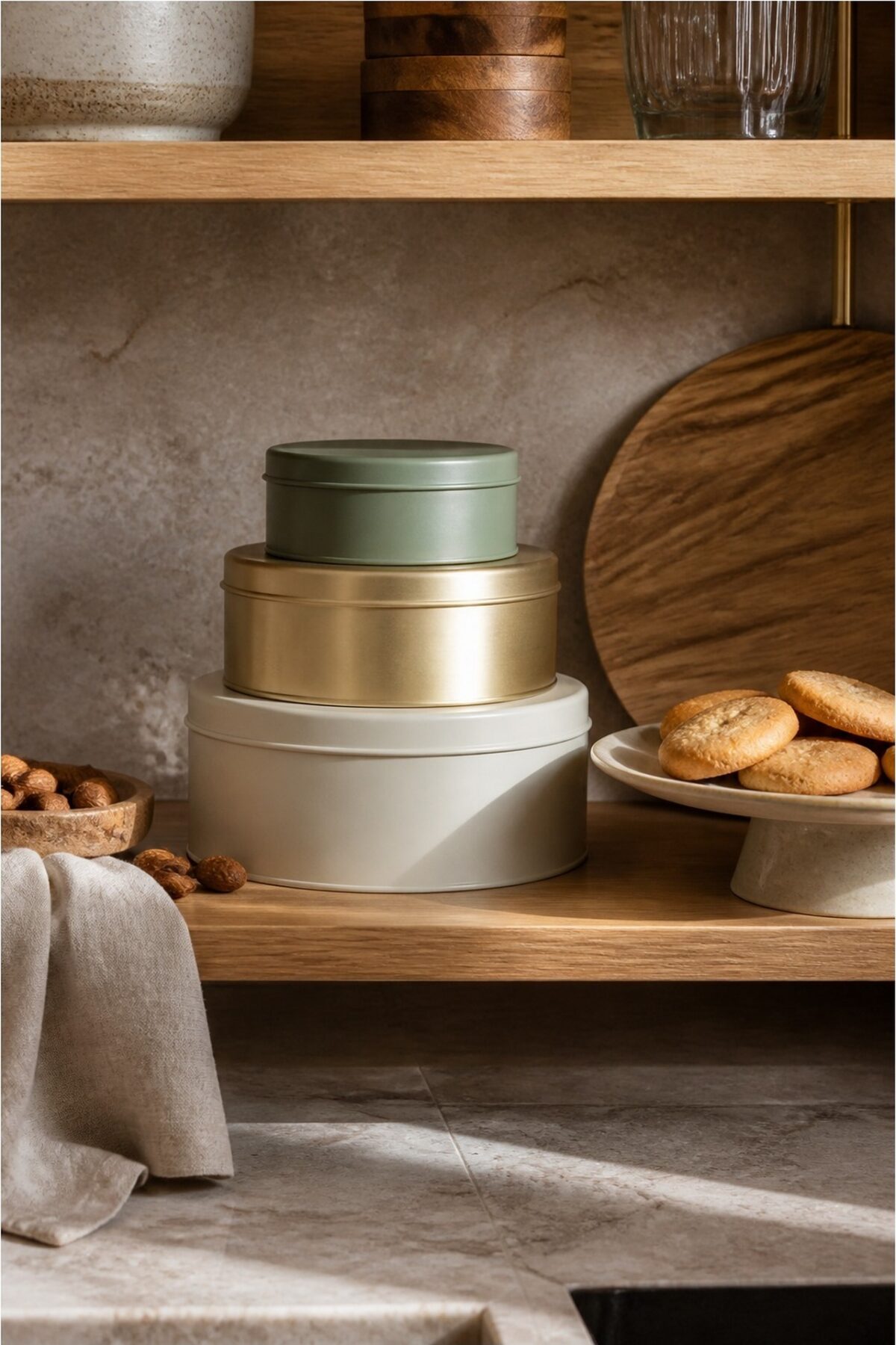Boîtes gigognes rondes en métal dans une cuisine contemporaine