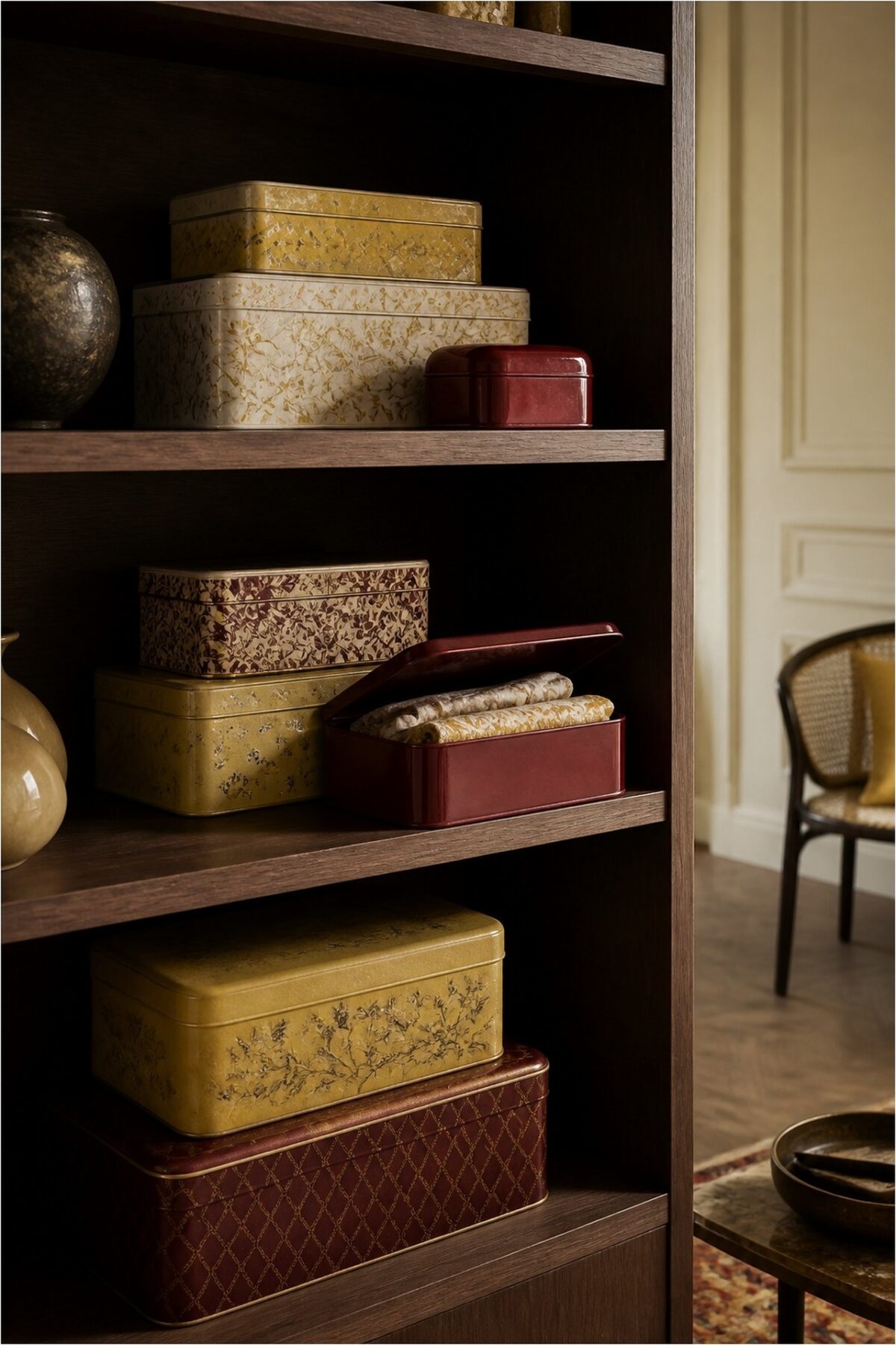 Boîtes gigognes vintage dans un meuble de rangement