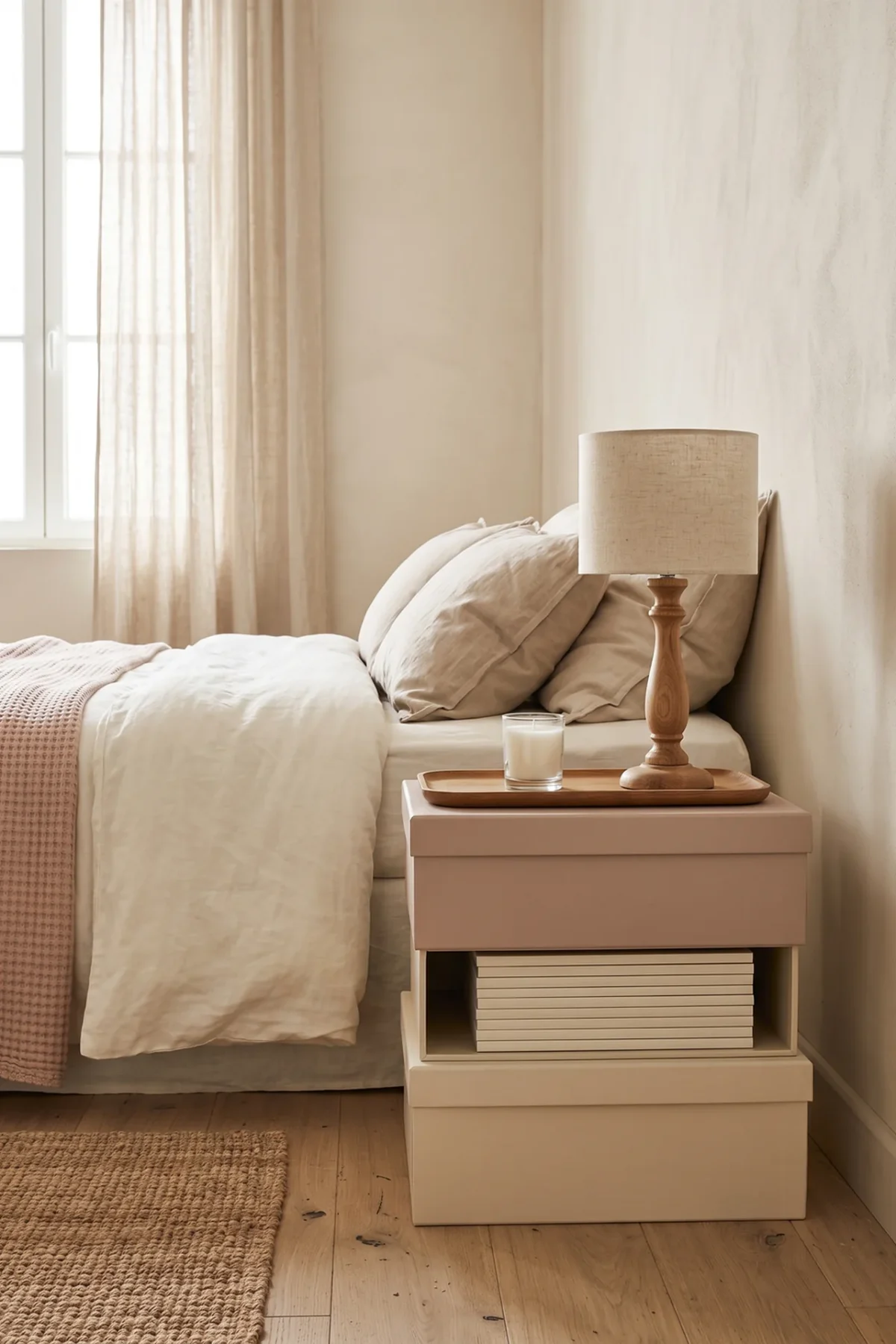 Boîtes peintes et magazines empilés comme table de nuit