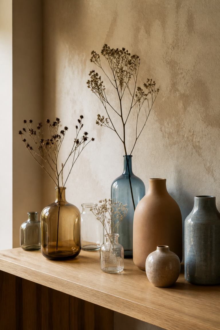 Collection de bouteilles en verre récupérées et de vases artisanaux avec des fleurs séchées sur une étagère en bois