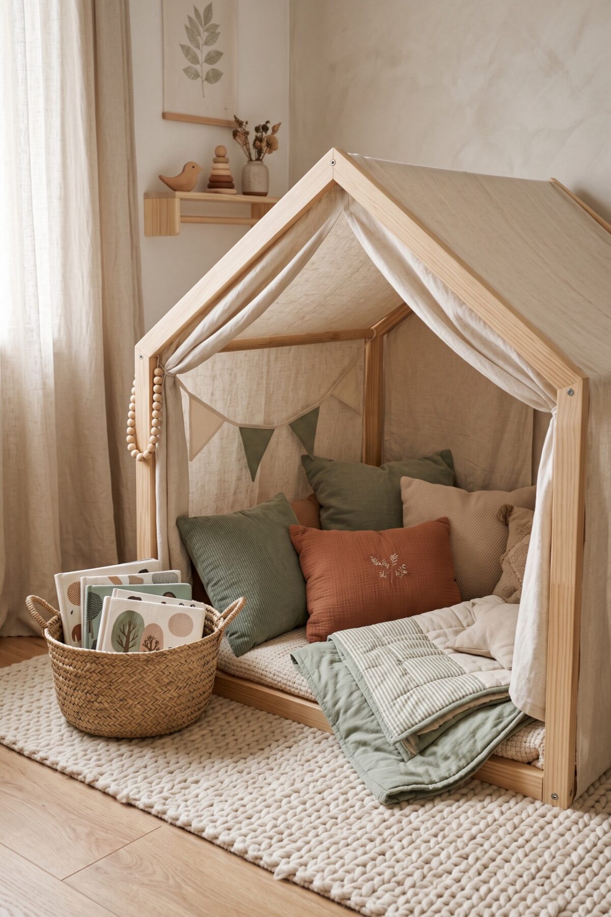 Petite cabane en bois et tissu aménagée comme coin lecture dans une chambre d’enfant