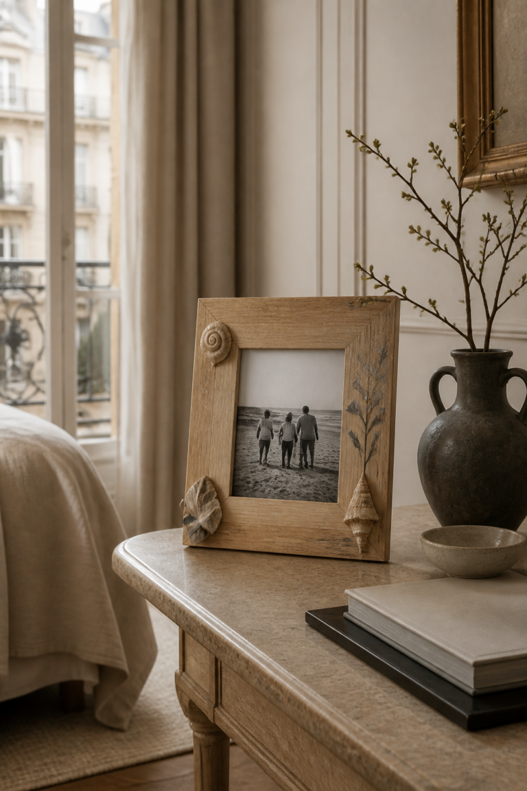 Cadre photo en bois personnalisé avec des coquillages et des motifs végétaux sur une console dans une chambre