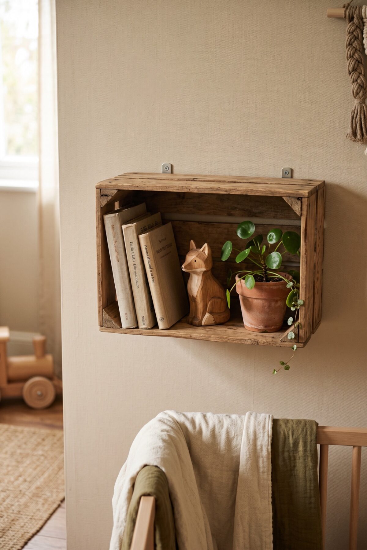 Caisse en bois recyclée transformée en étagère murale dans une chambre d’enfant