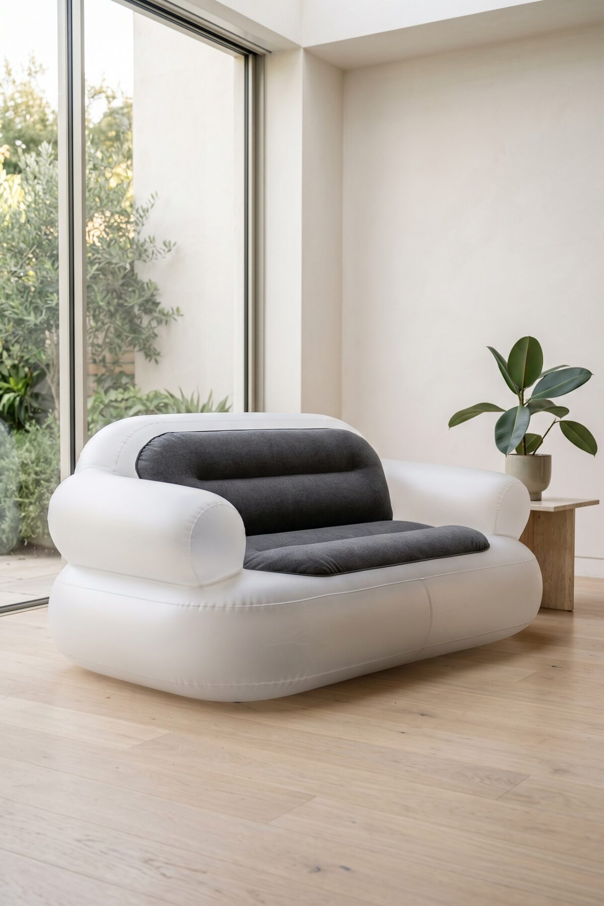canapé gonflable blanc et gris dans un salon lumineux